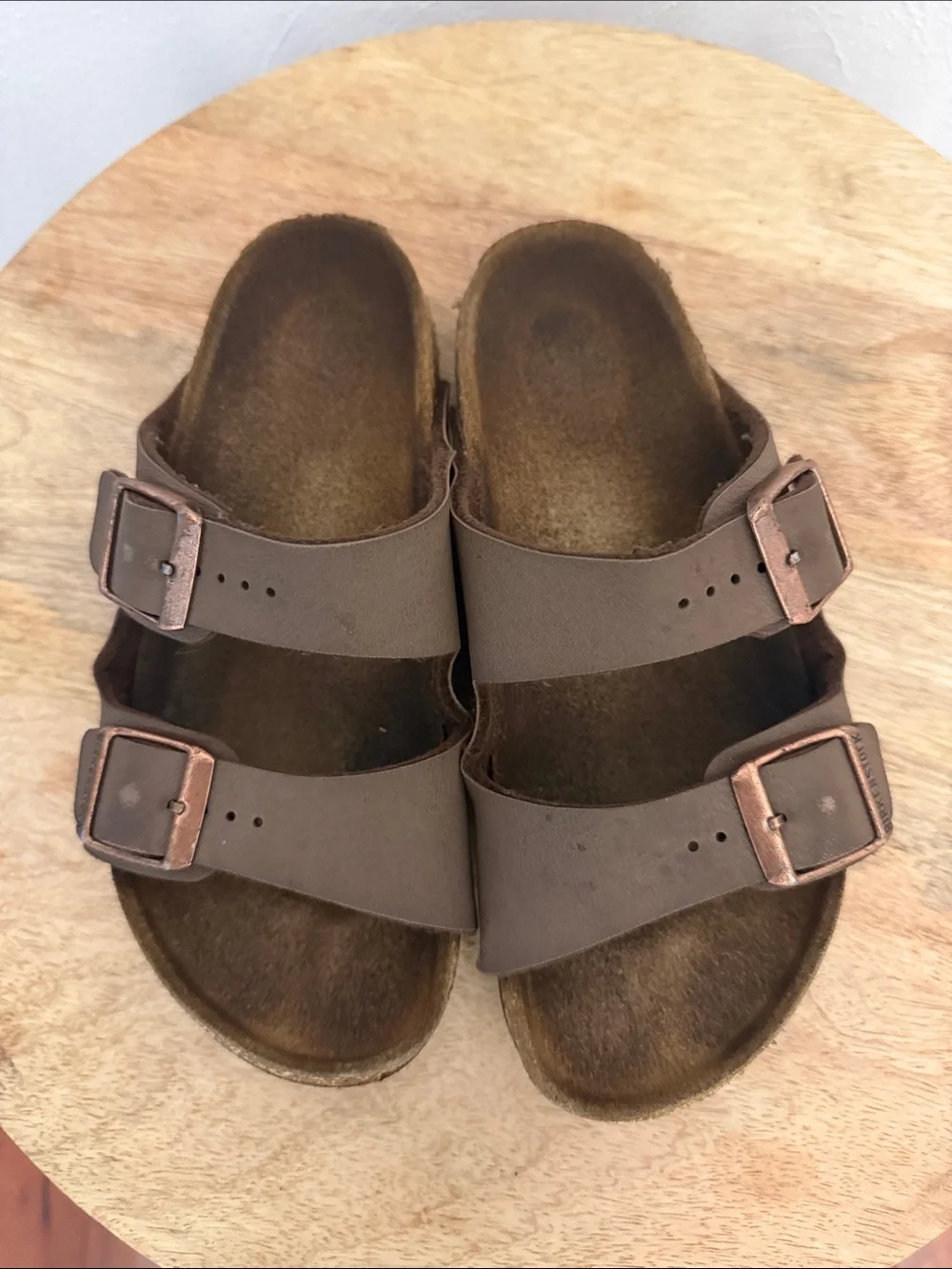 Birkenstock Kids Brown Two-Strap Slide Sandals with Copper Buckles